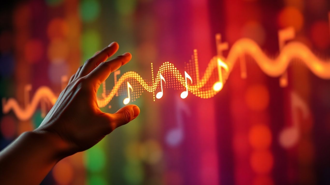 Human hand and digital music waveform merging.