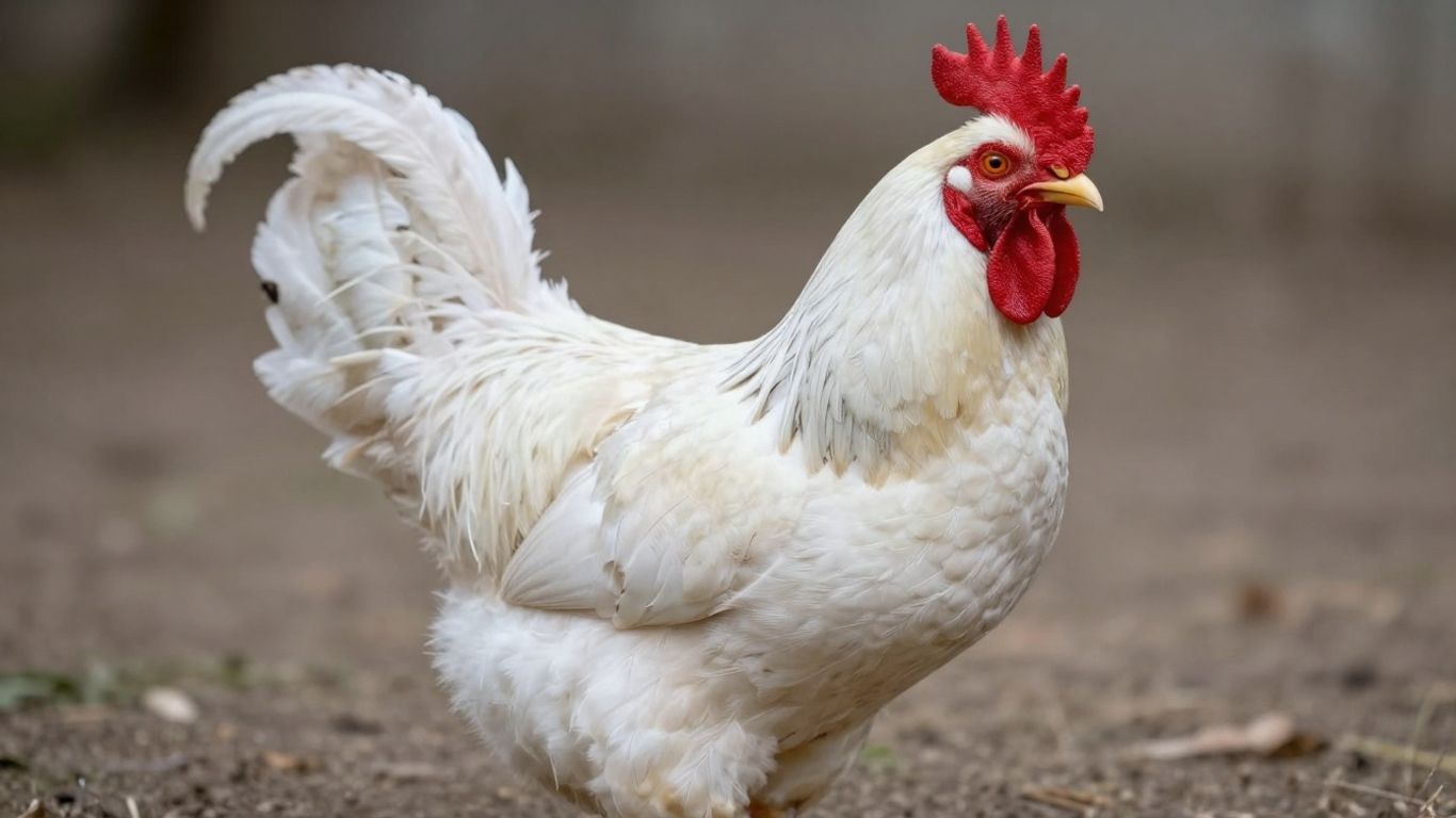 Thompson Whites gamefowl with white and claret plumage.