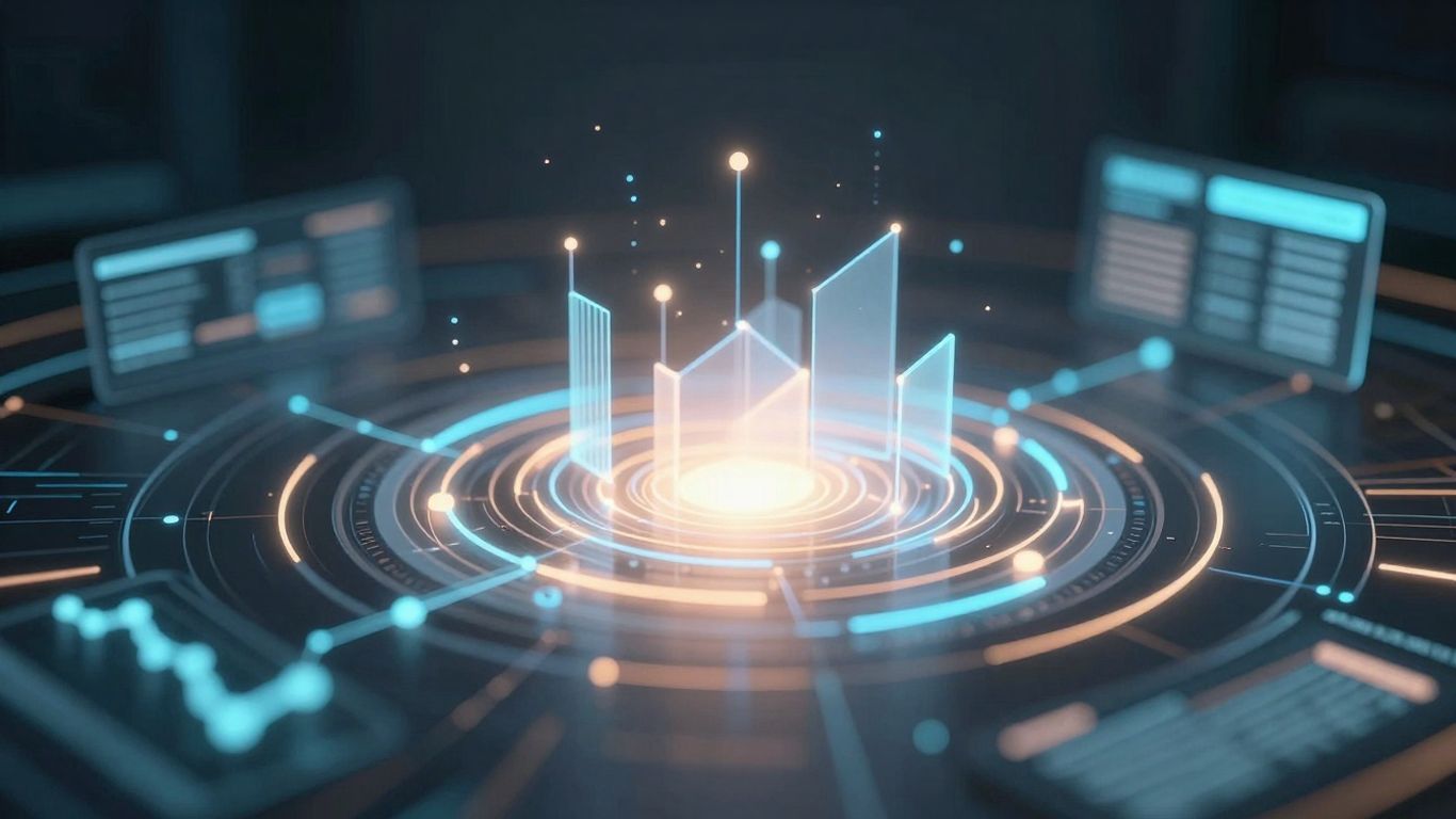 Futuristic digital interface with glowing data streams.