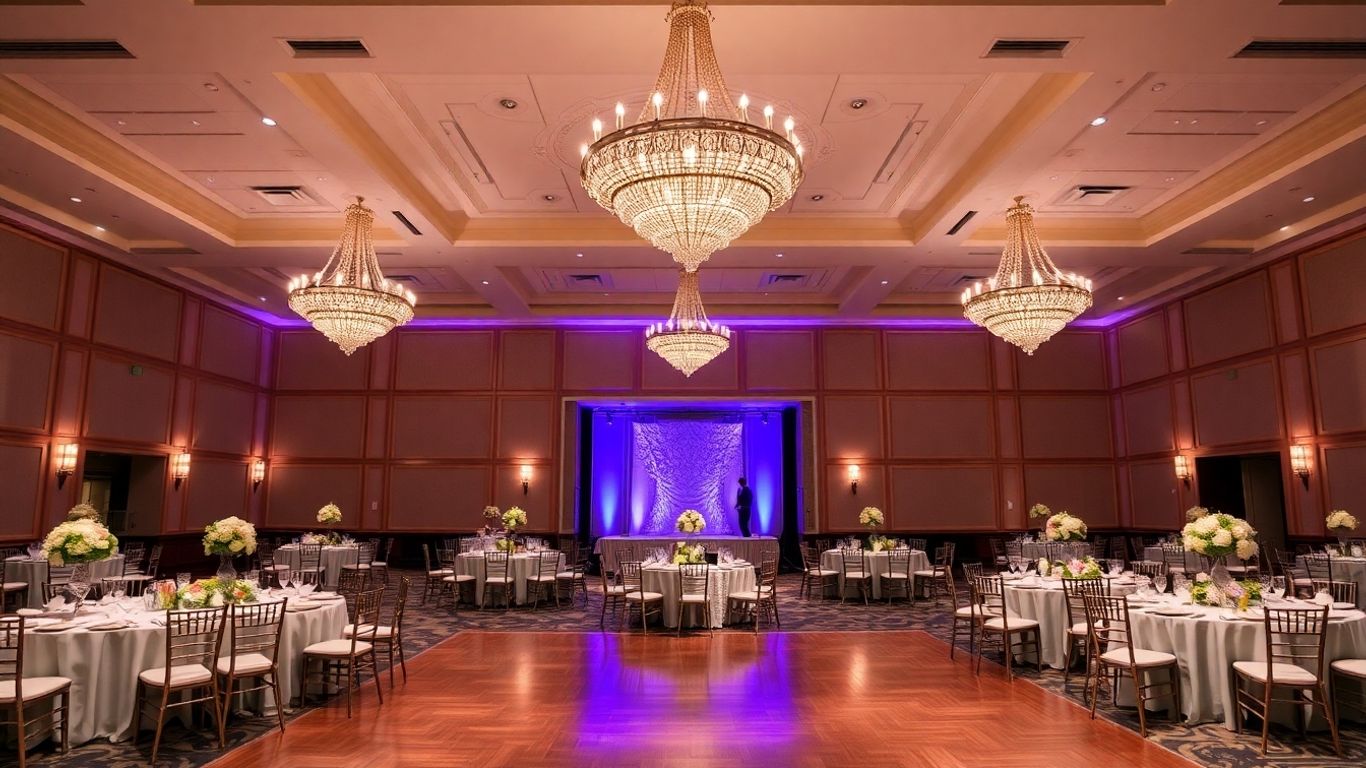 Elegant Dallas ballroom set up for a wedding reception.