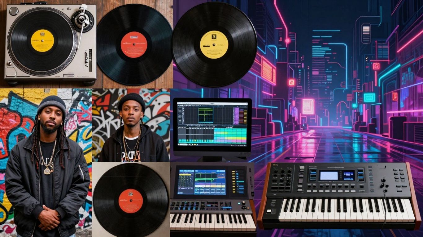 Hip-hop instrumental evolution from turntables to digital.