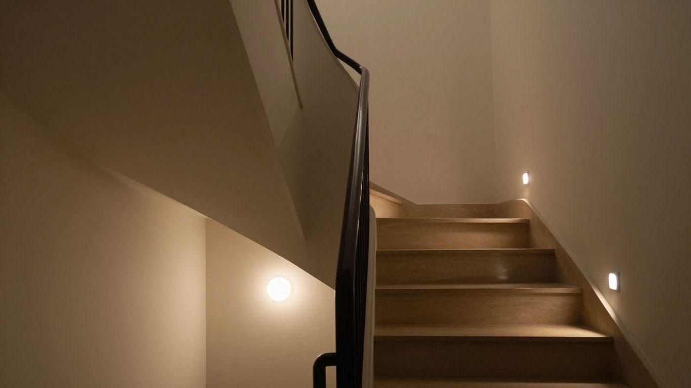 Warm light illuminating a modern indoor staircase.