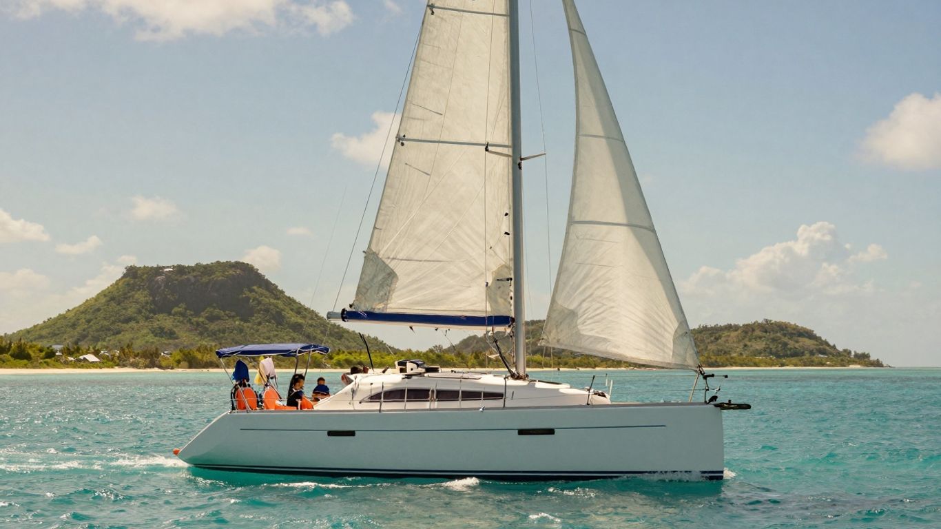 Sailboat on turquoise water near BVI islands.