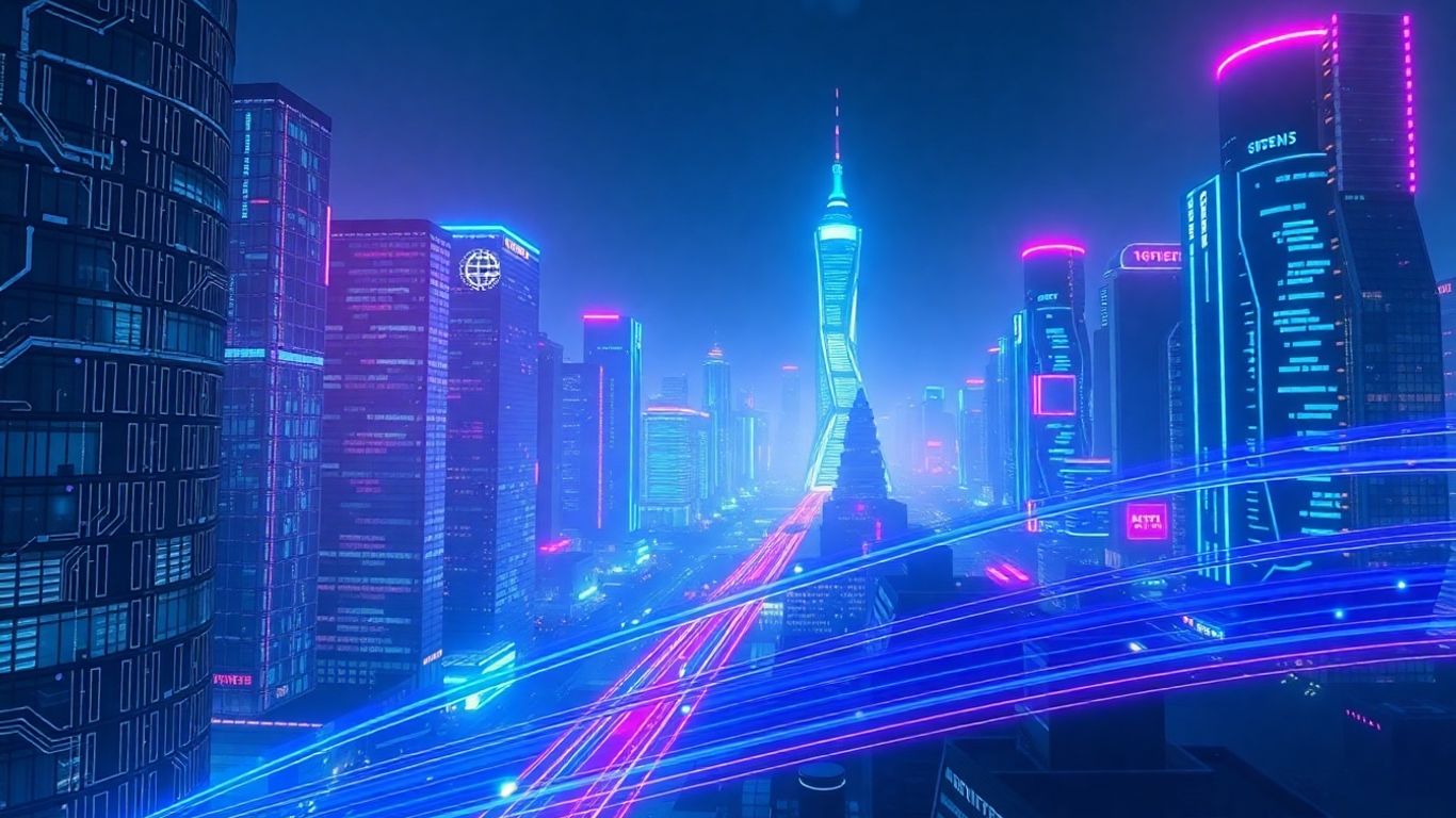 AI-native development platforms in a futuristic city.