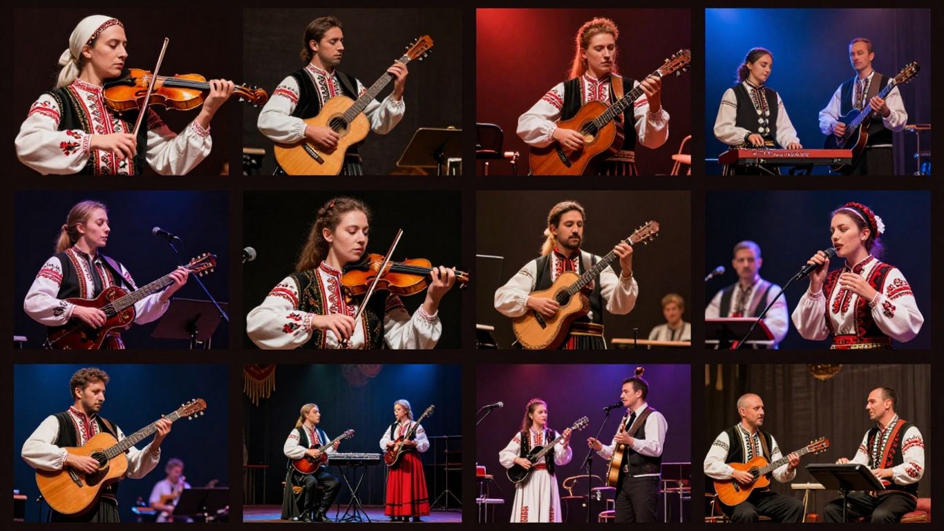 Instrumente muzicale românești și muzicieni pe scenă.