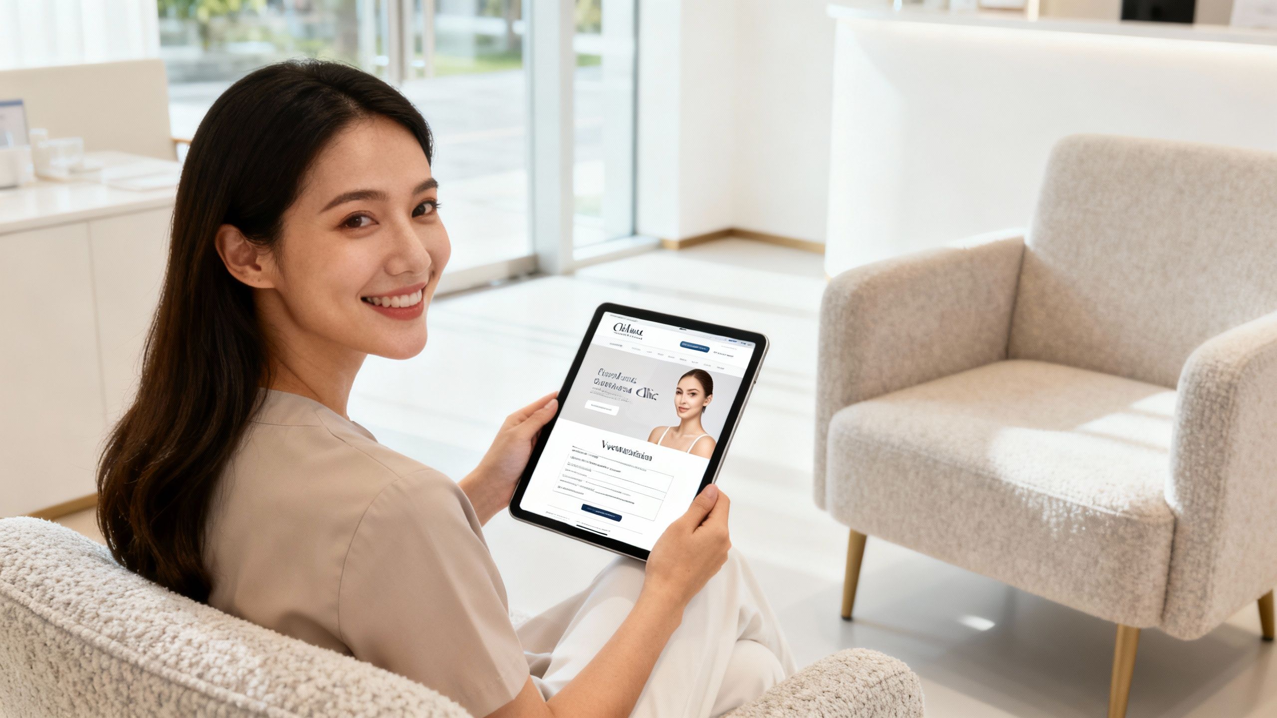 Woman reviews aesthetic clinic website on a tablet.