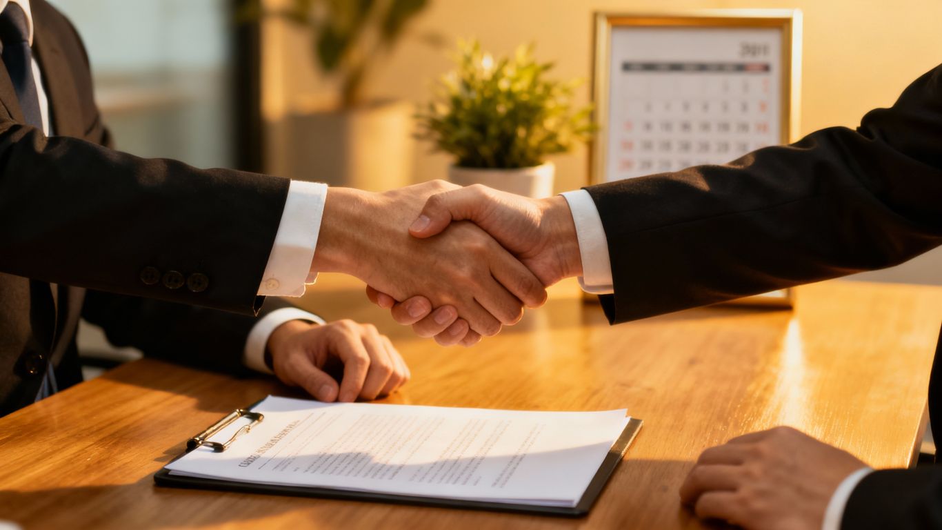 Handshake over a document, symbolizing secure future planning.