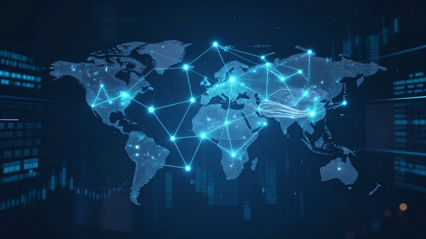 Futuristic blockchain network with glowing financial data streams.