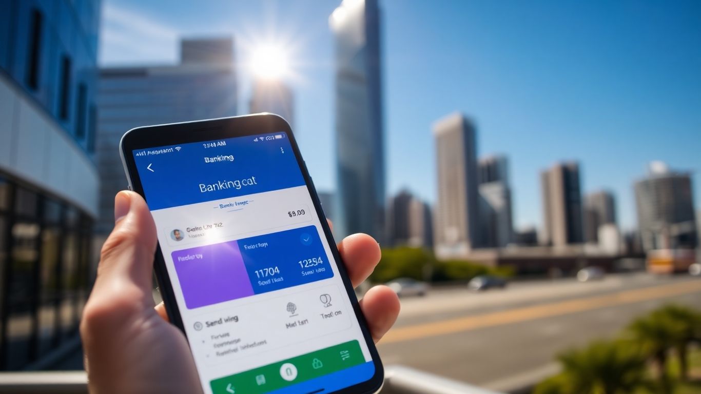 Smartphone with bank app, Australian cityscape background.