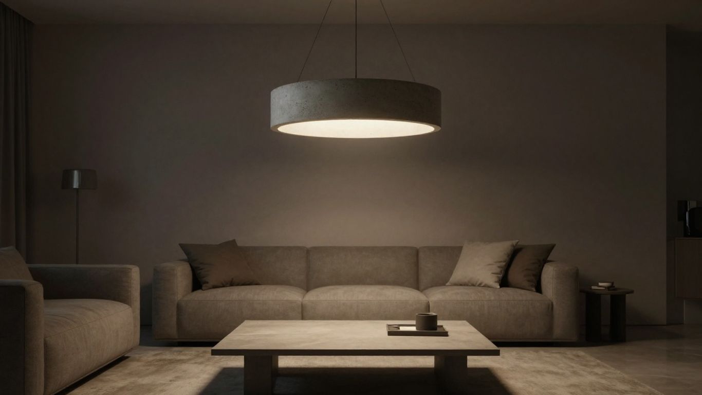 Modern concrete pendant light fixture in a living room.