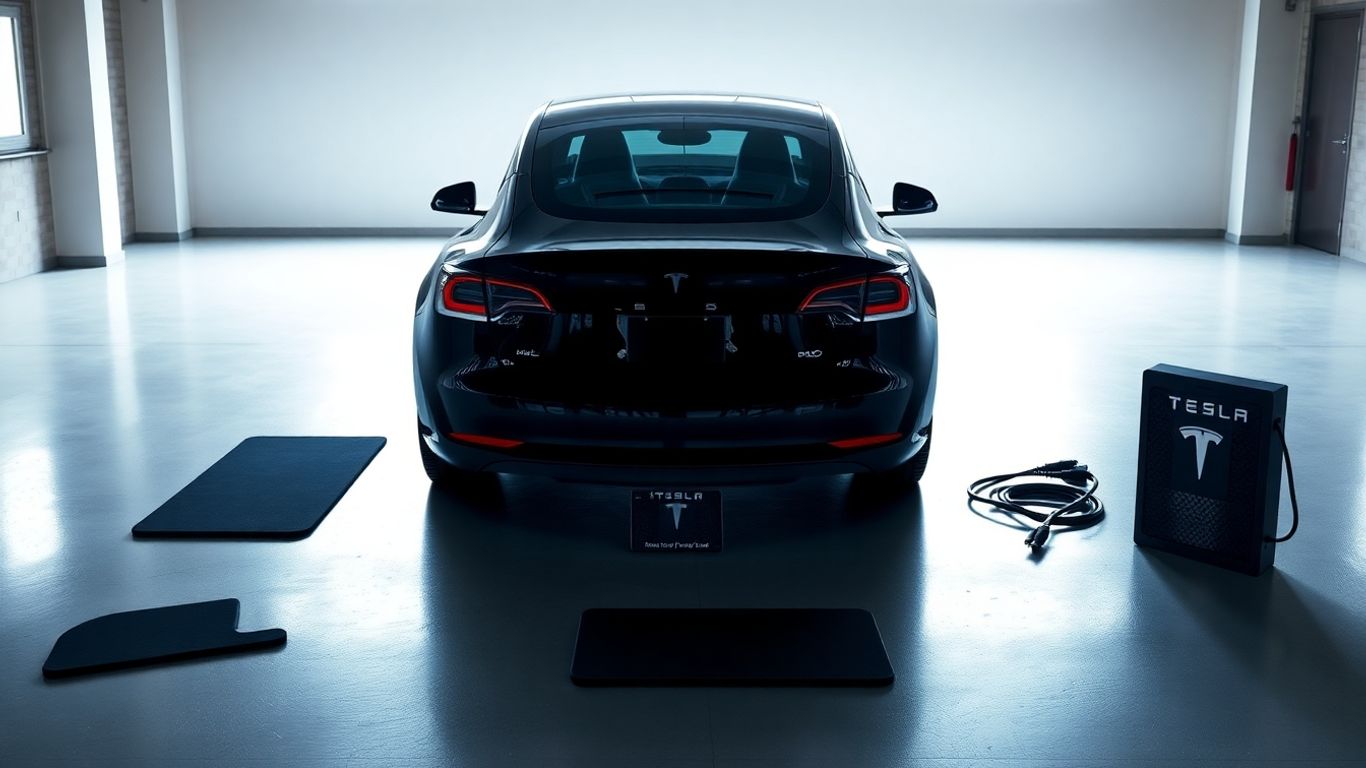 Tesla Model 3 with premium accessories in a modern garage.