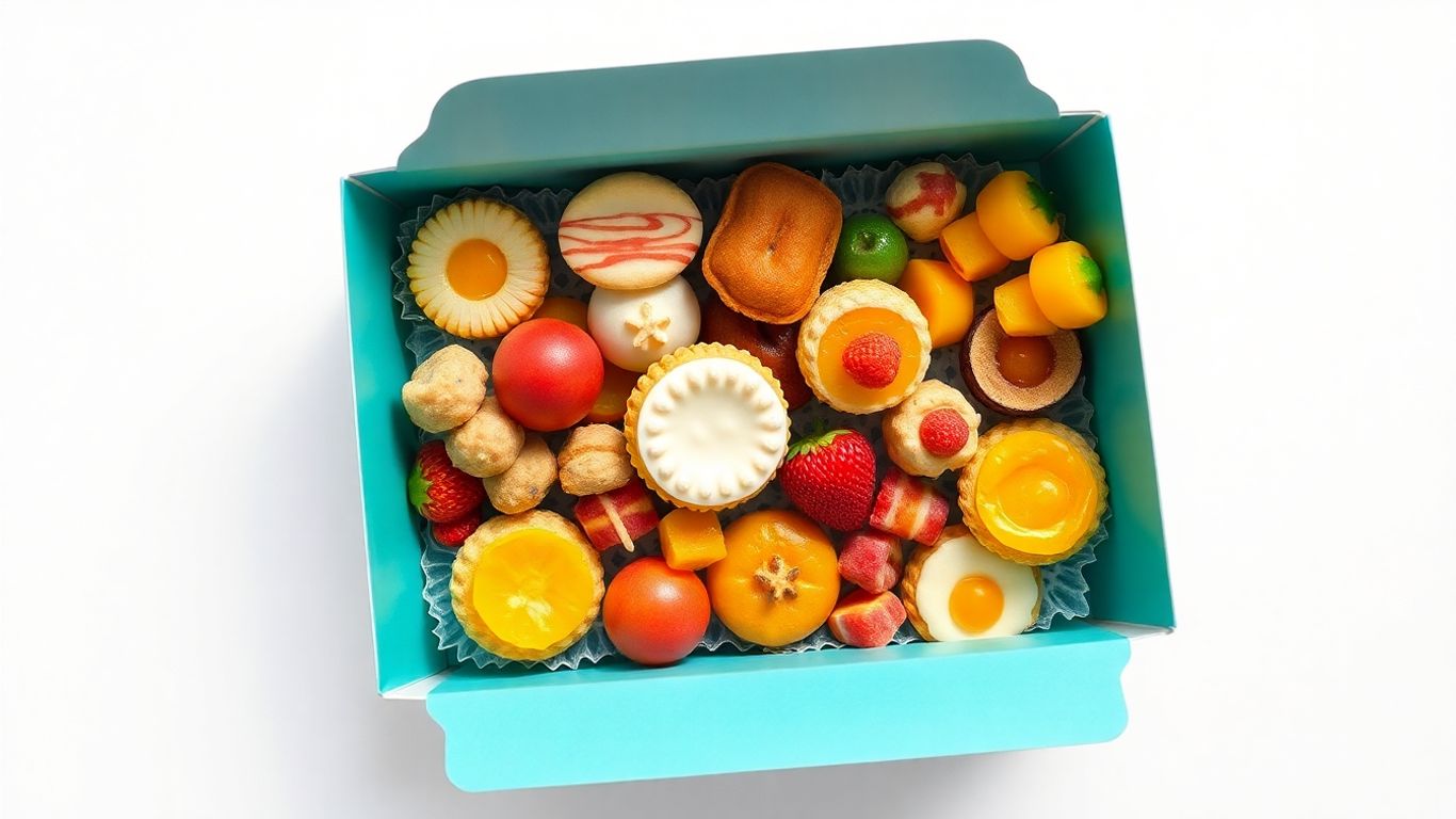 กล่องขนมหลากหลายสีสัน จัดวางอย่างสวยงาม น่ารับประทาน