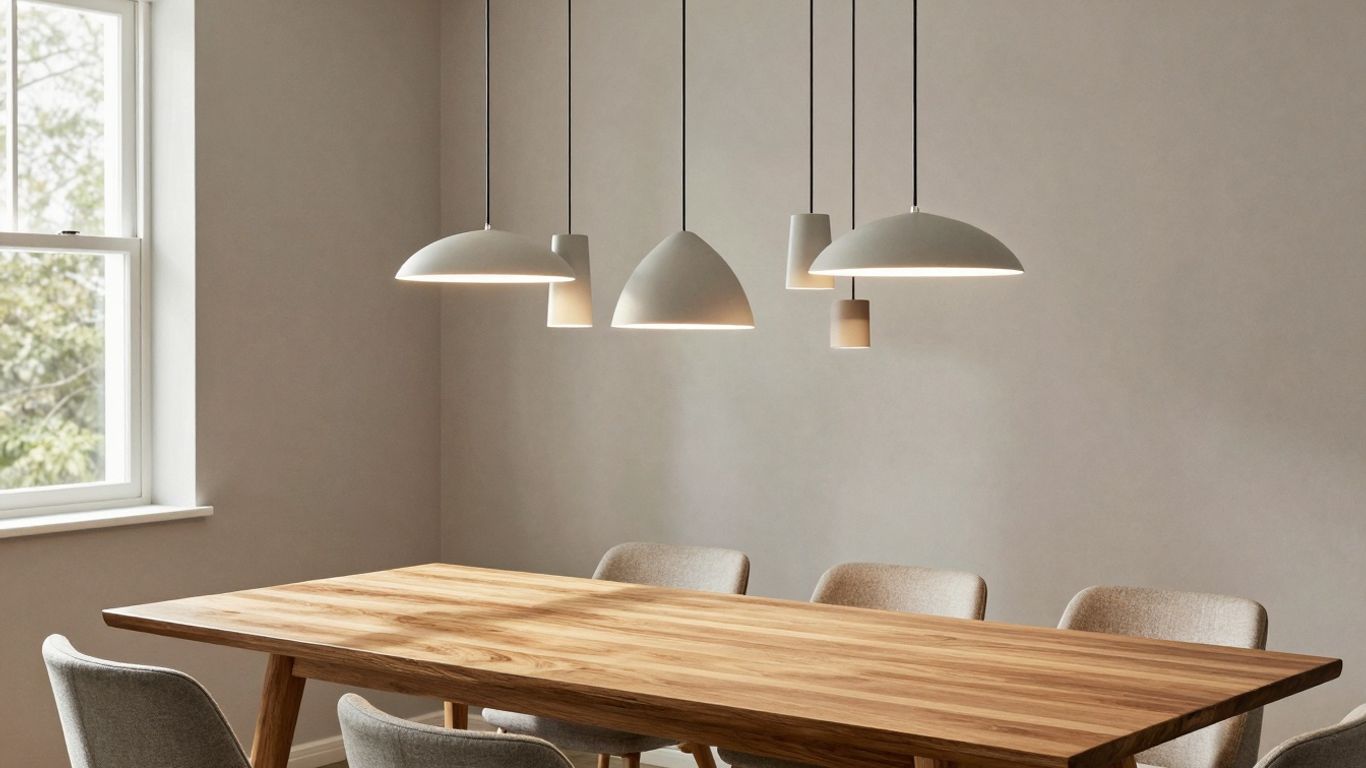 Modern pendant lights hanging over a dining table.