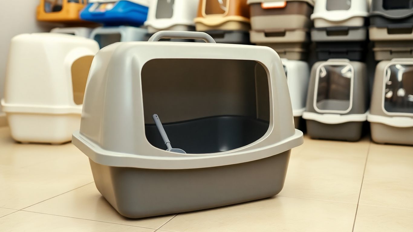 Various cat litter boxes and a scoop on a floor.