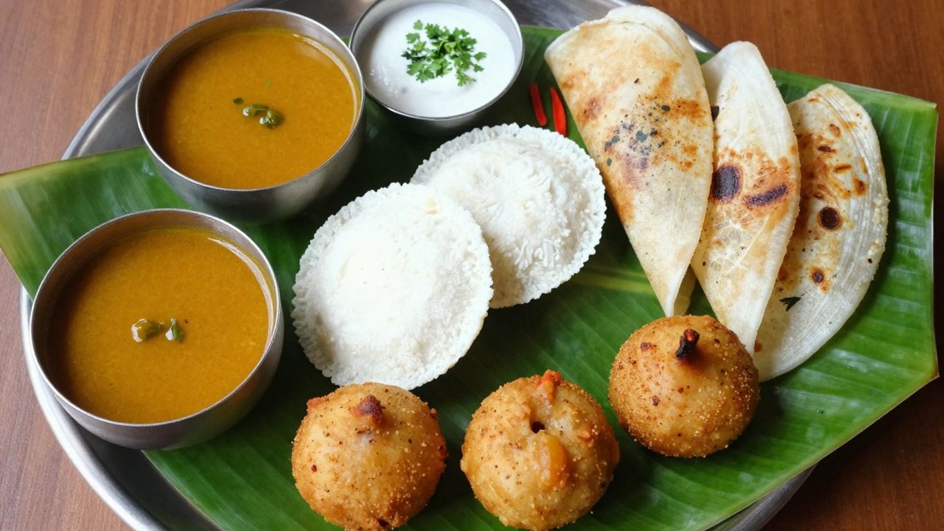 South Indian breakfast spread with idli, dosa, vada, sambar, and chutney.