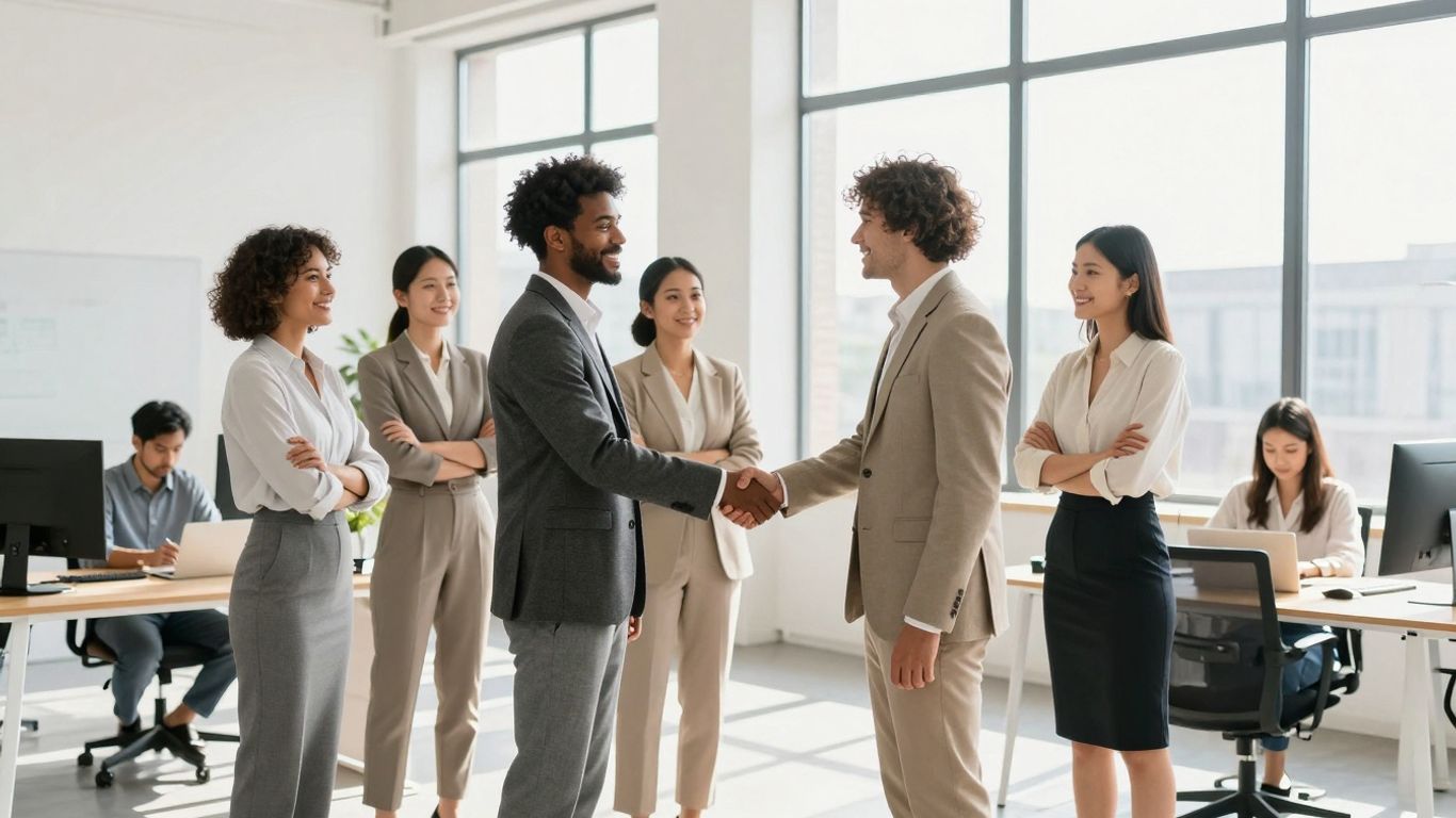 Successful professionals shaking hands in a modern office.