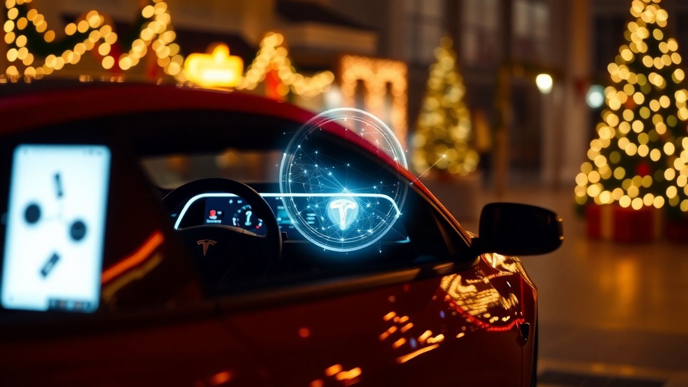 Tesla car with holiday lights and FSD glow.