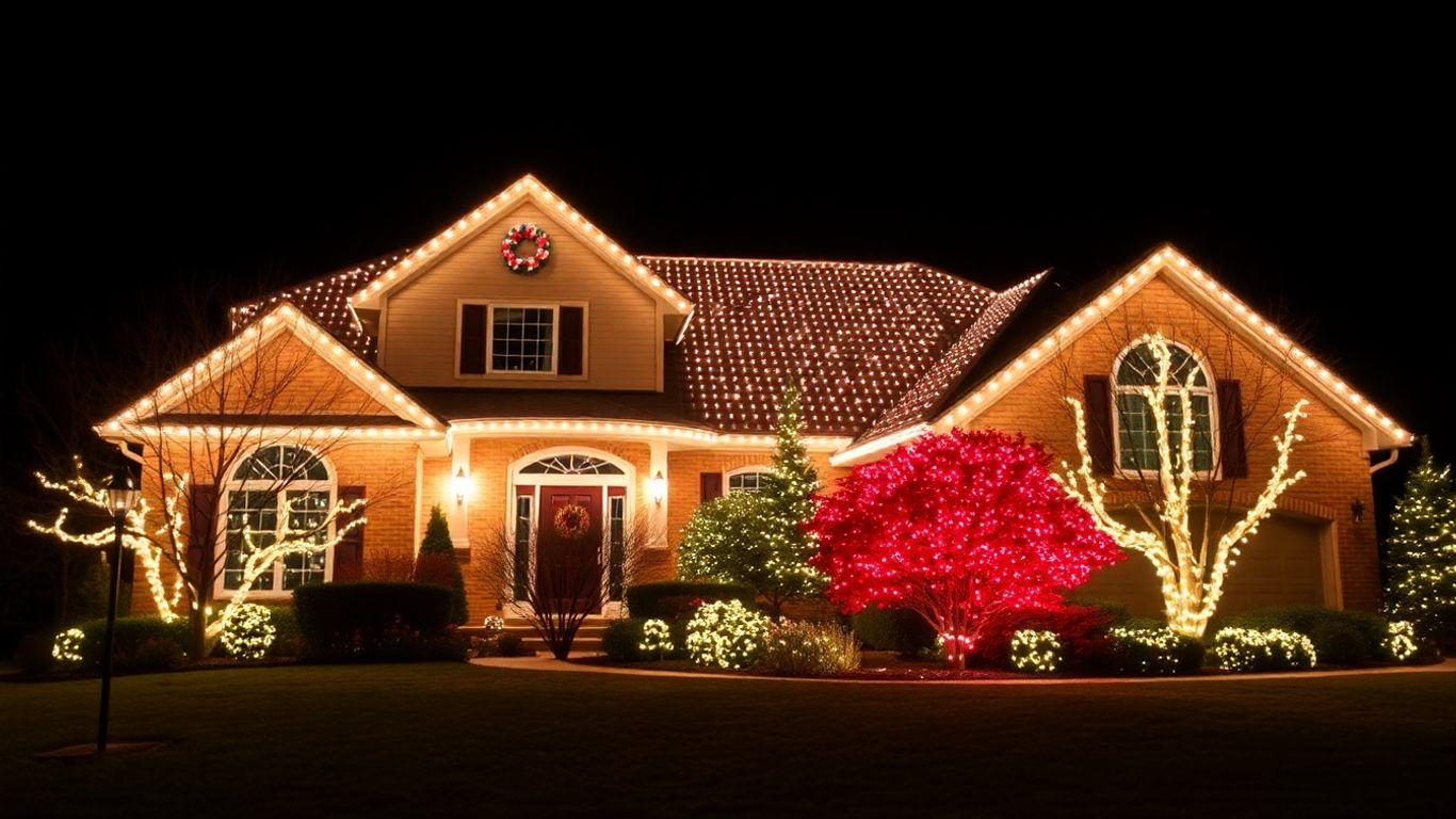 Professionally installed Christmas lights on a house at night.