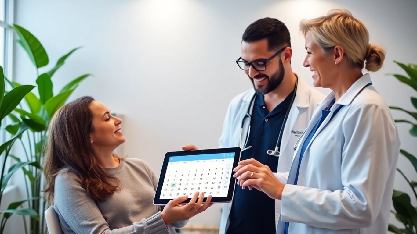 Aesthetic clinic consultation, client booking appointment, calm atmosphere.