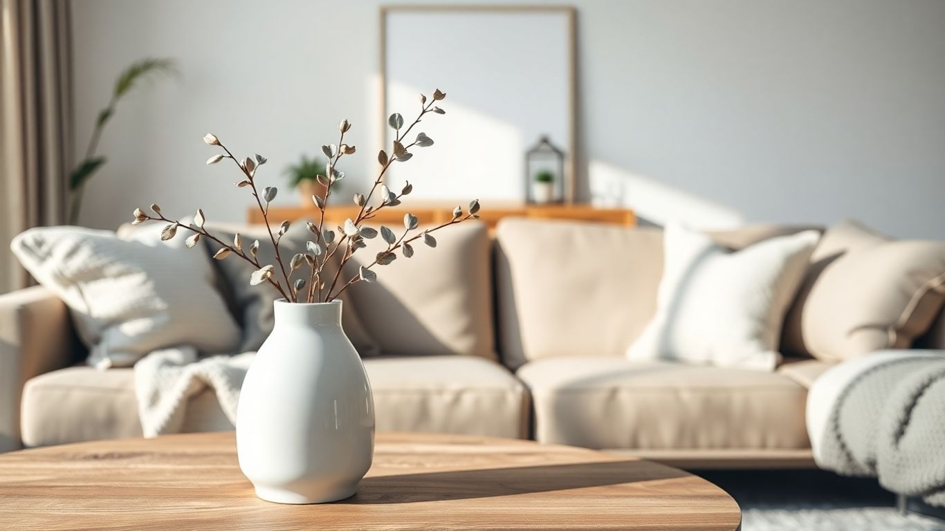 White ceramic vase with dried eucalyptus on table
