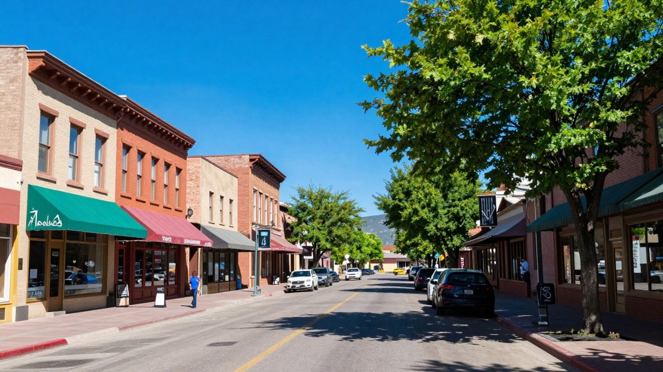 Pueblo, Colorado street scene with buildings and trees.