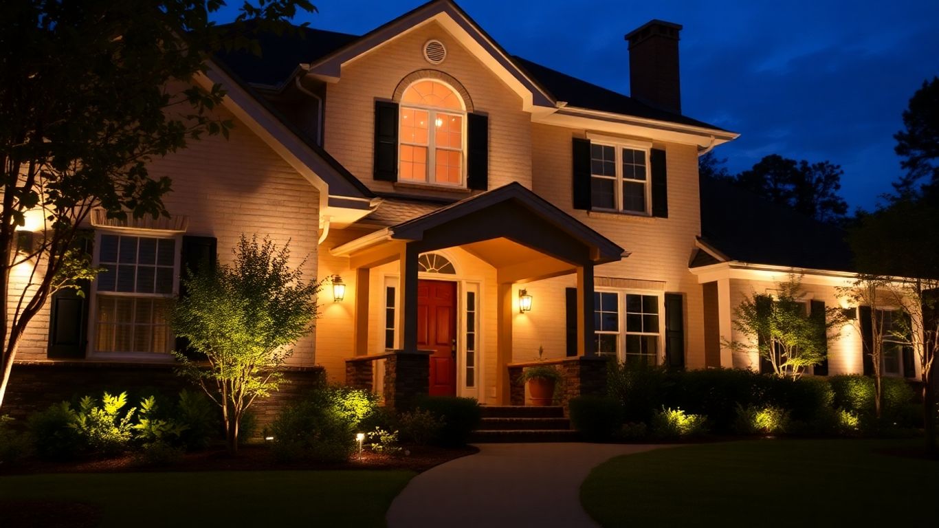 House exterior lit up at night.