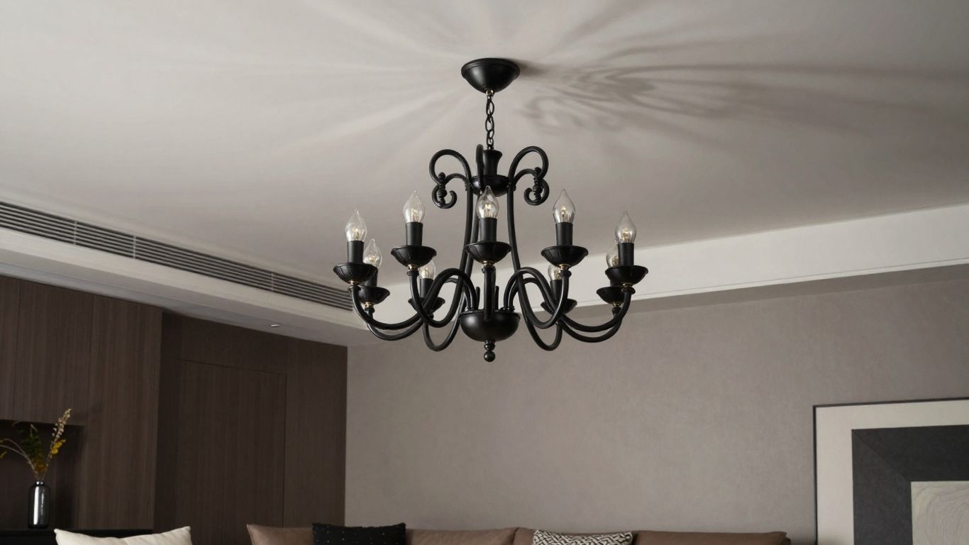 Elegant black chandelier in a modern living room.