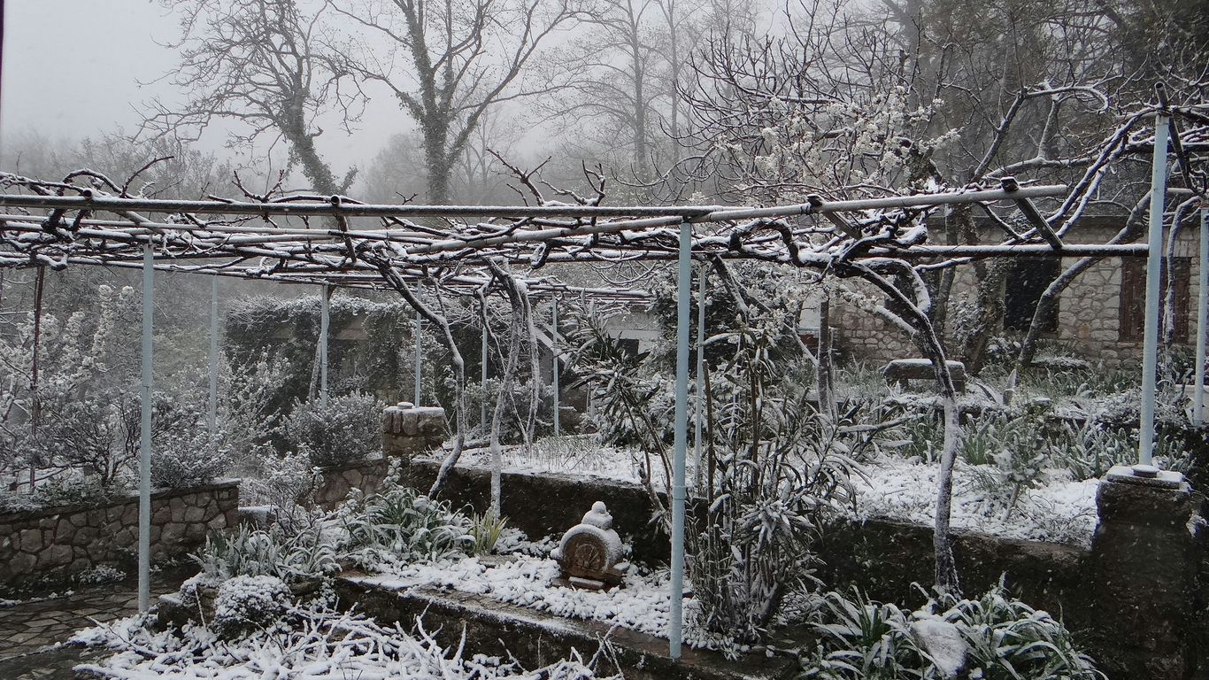a garden covered in snow next to a fence