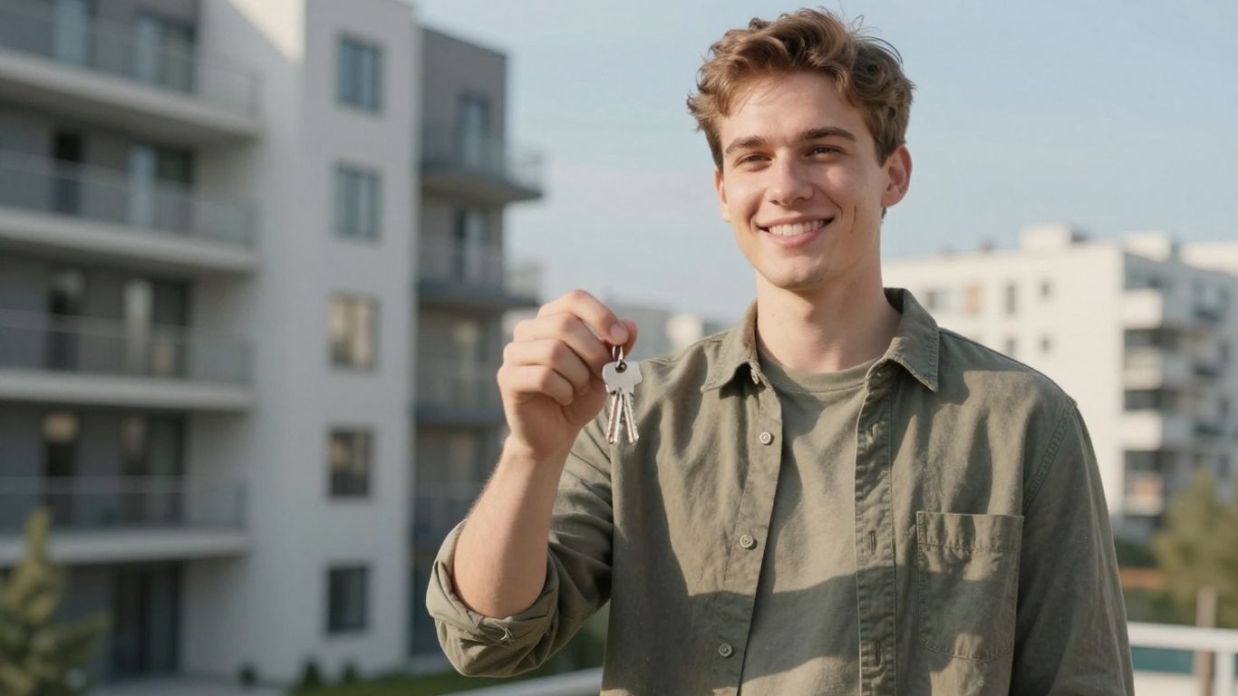 Persona sonriente con llaves frente a edificio moderno.