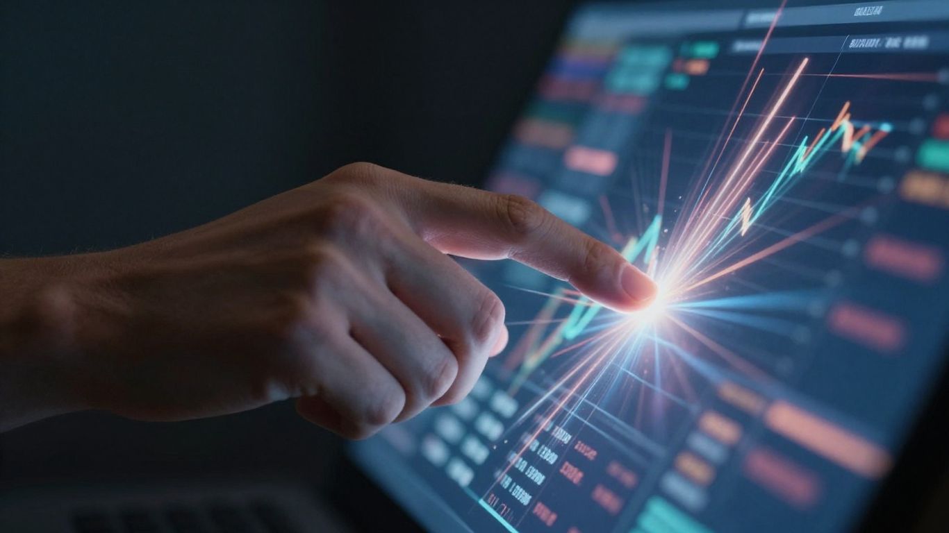 Hands interacting with a futuristic trading simulator interface.