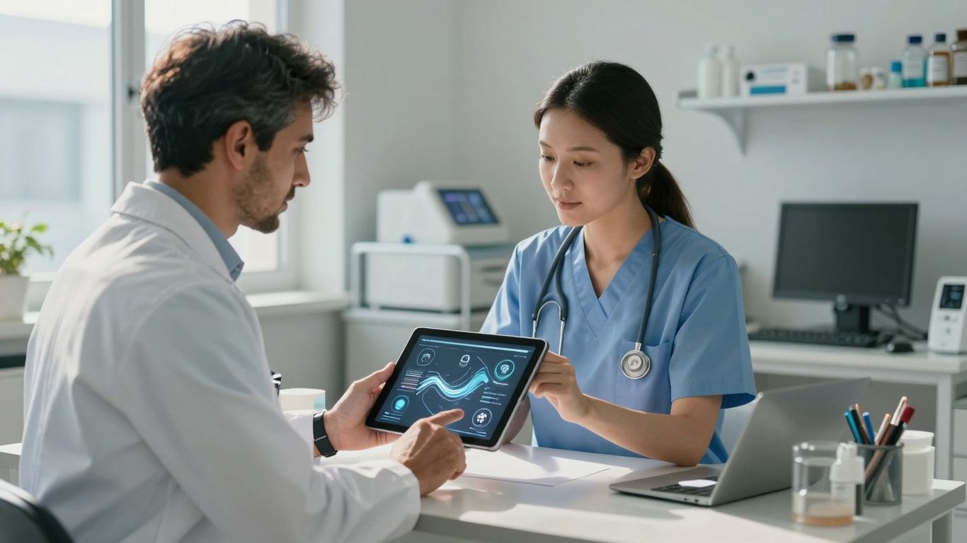 Healthcare professionals using technology for efficient clinic workflows.