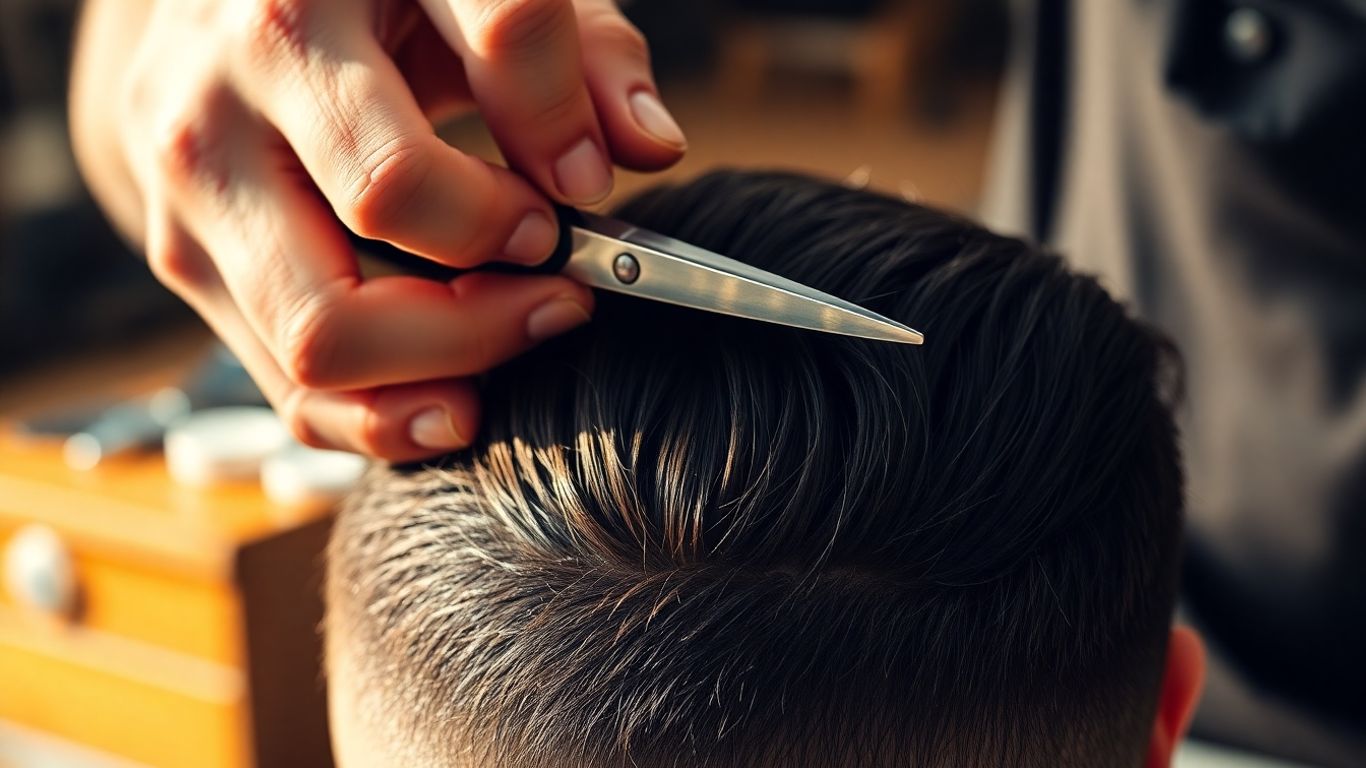 Barber's hands cutting client's hair with shears.