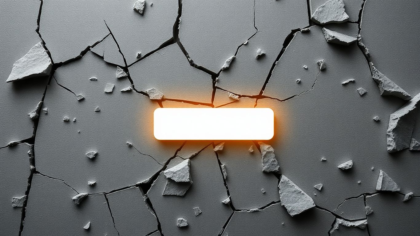 Cracked website interface with a faint glowing button.