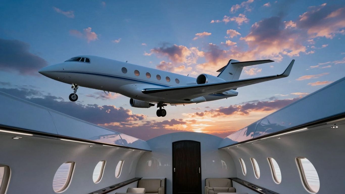 Private jet flying at sunset, empty luxury cabin visible.