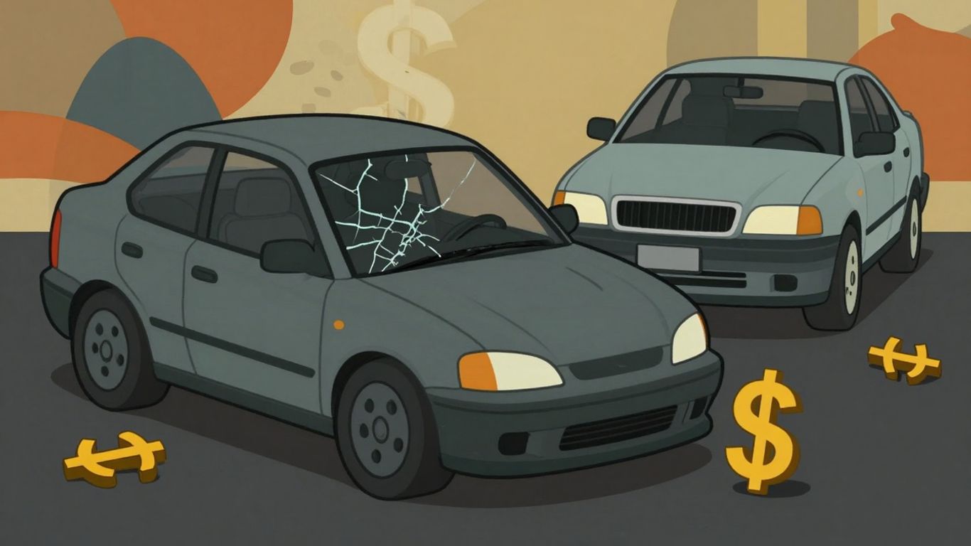 Cartoon car with title documents and damage.