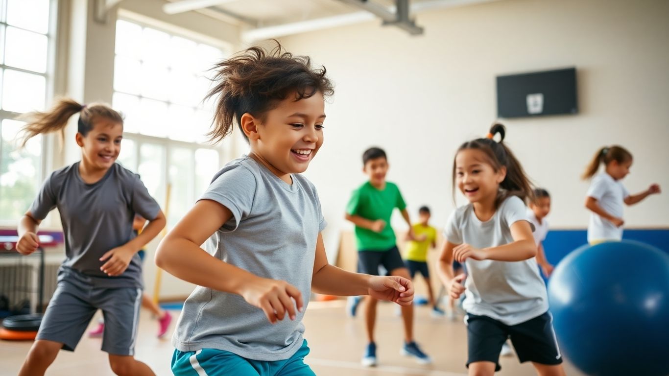 Schüler in moderner Sportstunde mit digitalen Werkzeugen
