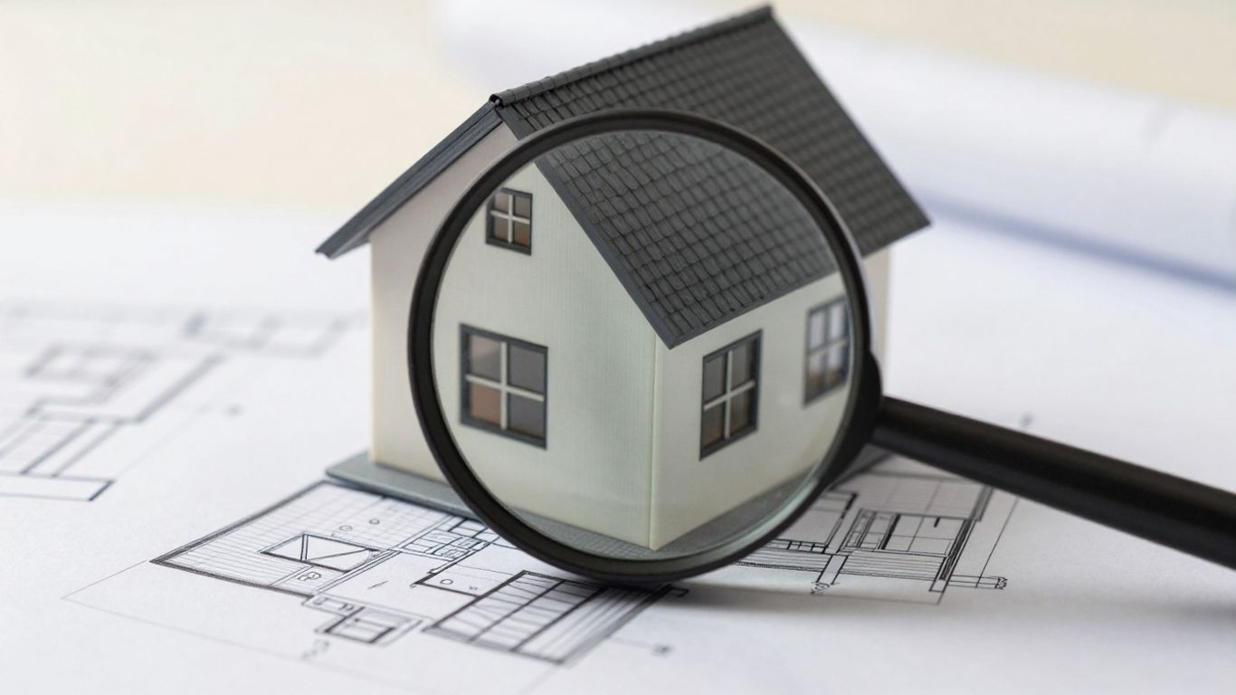 Casa con lupa sobre el techo, mostrando planos.