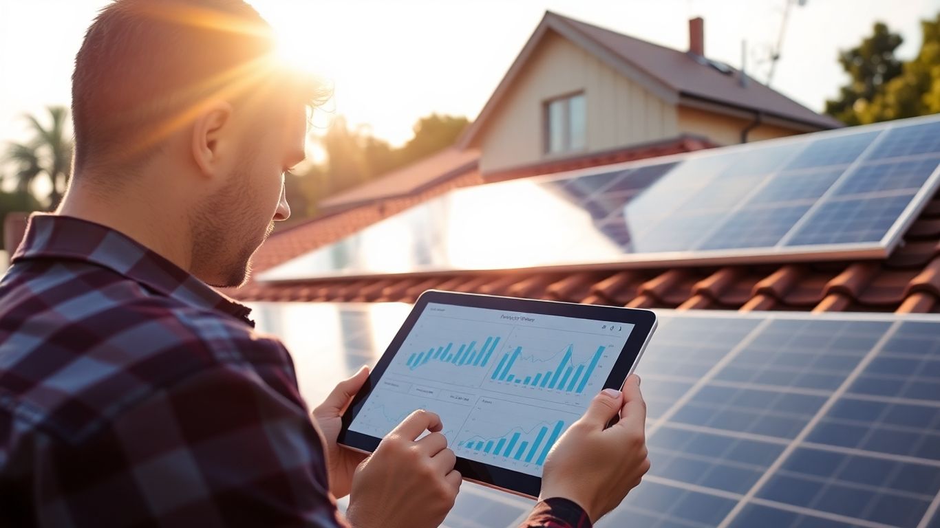 Solar panels on a roof with a person reviewing finances.