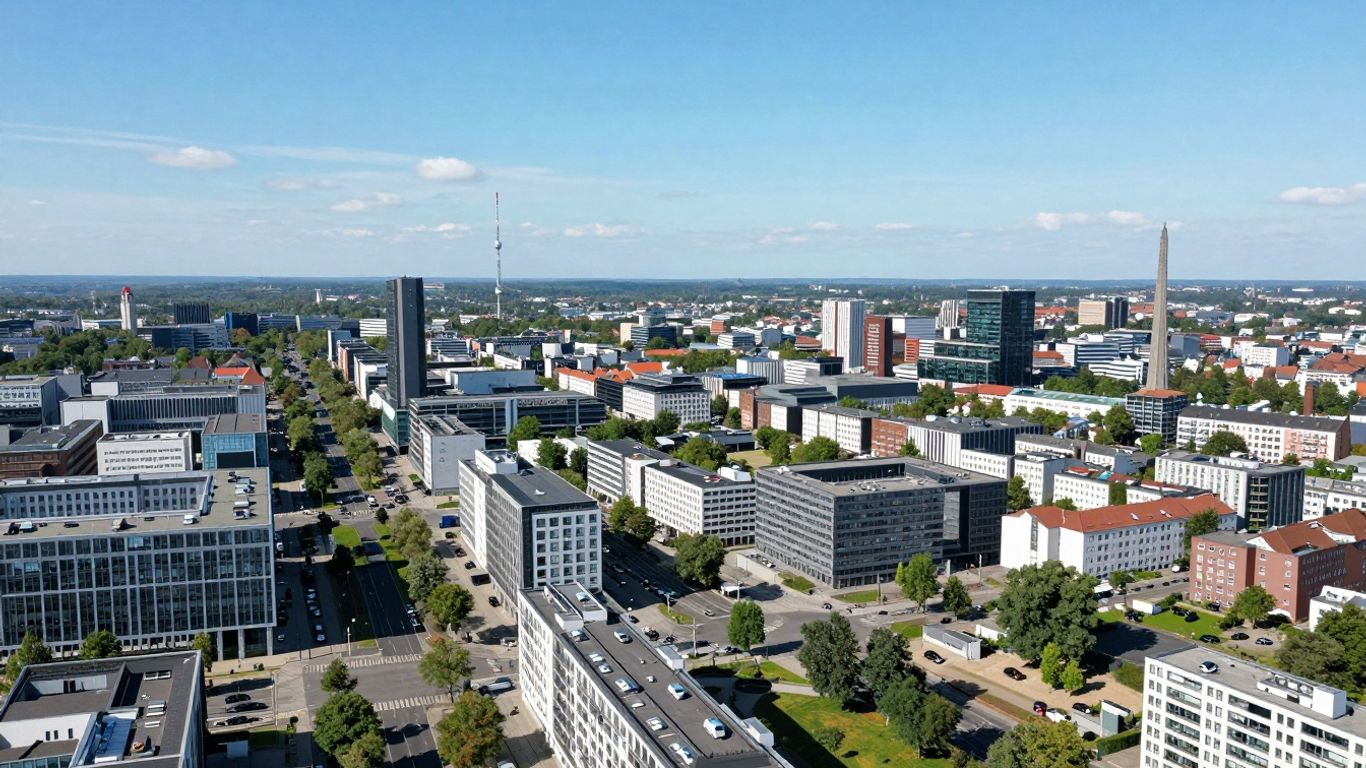 Stadtbild von Nordrhein-Westfalen mit moderner Architektur und Grünflächen.