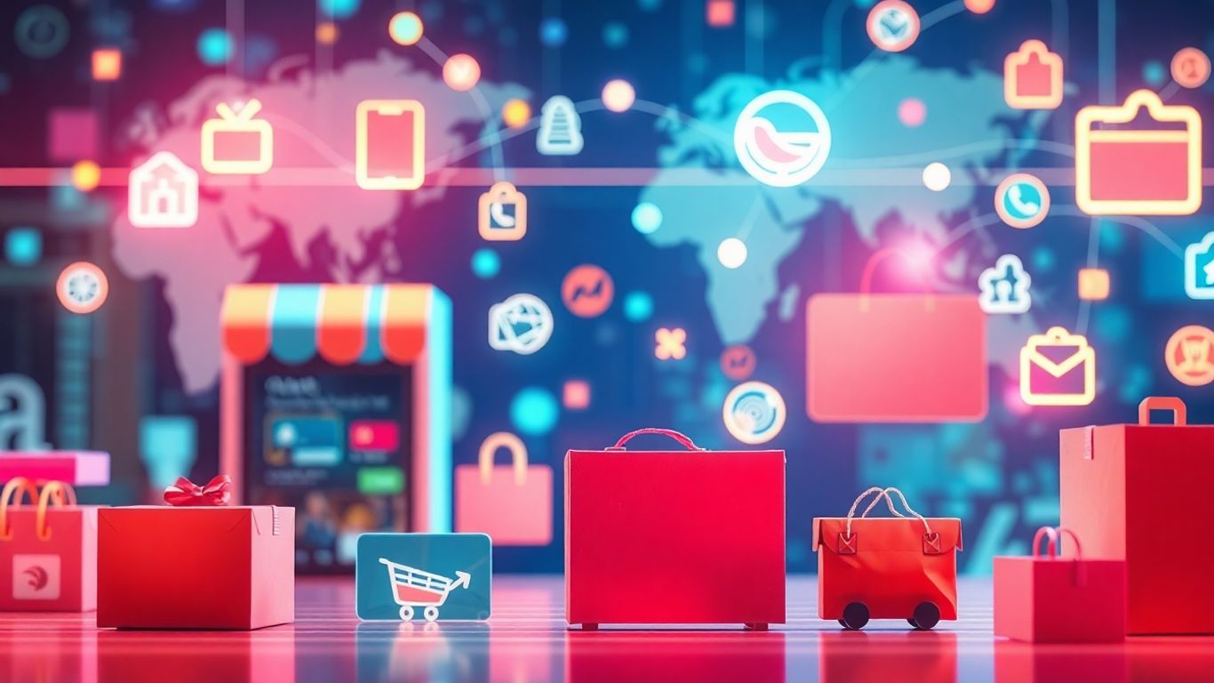 Diverse digital storefronts and delivery packages with glowing lines.