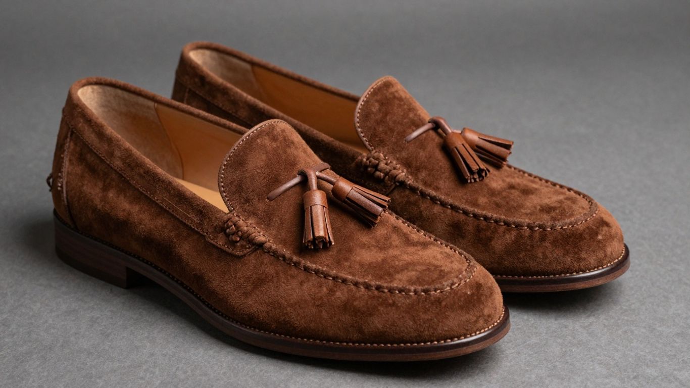 Brown suede tassel loafers on a textured surface.