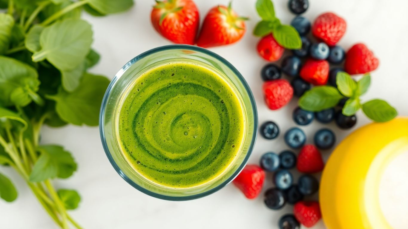 Healthy breakfast smoothie with fresh fruits and greens.