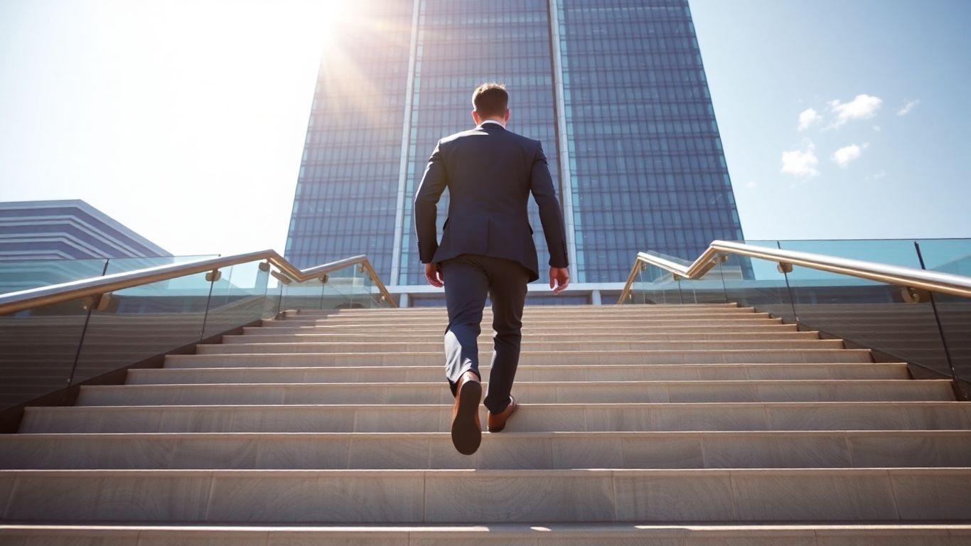 Man climbing stairs towards skyscraper, symbolizing career growth.