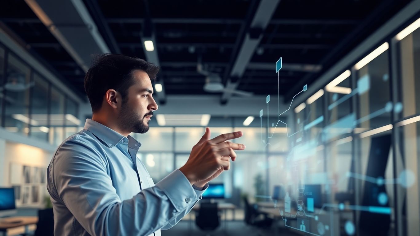 Persona che utilizza un'interfaccia futuristica per l'automazione e la crescita del brand.