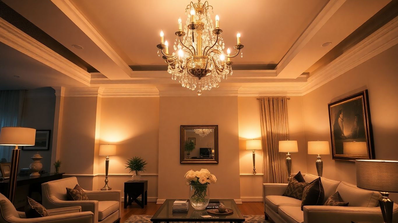 Modern chandelier illuminating a stylish living room.