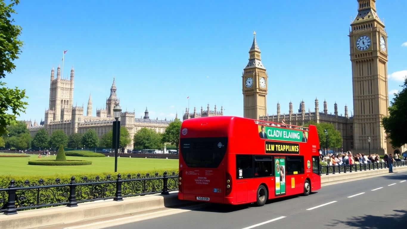 Red London bus driving past Parliament.