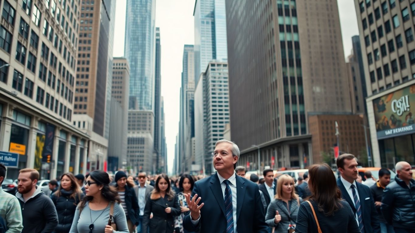 NYC skyline with people and a broker.