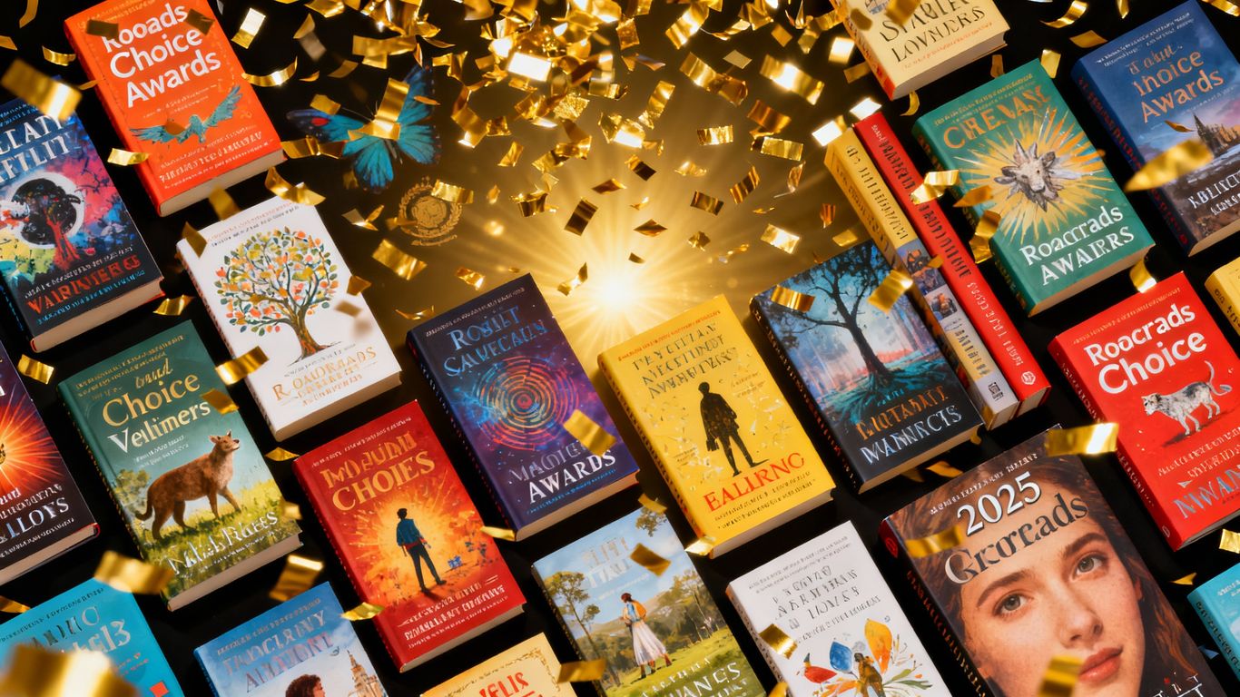2025 Goodreads Choice Award winning book covers with confetti.