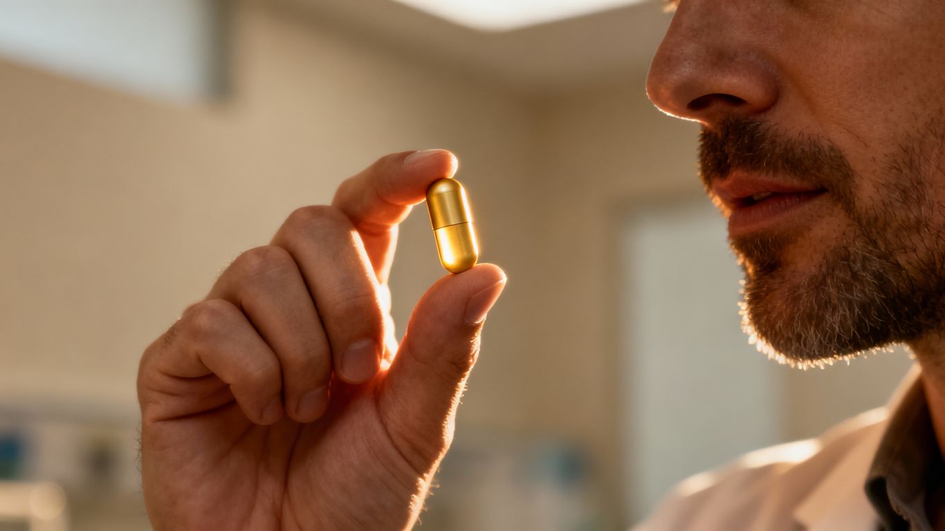 Pílula para disfunção erétil em mão masculina.