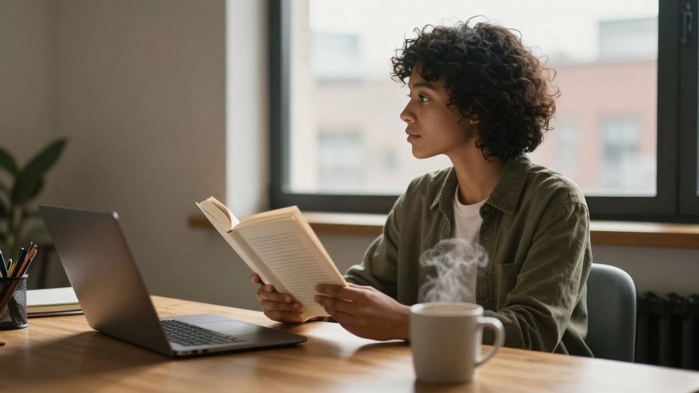 Author at desk with book and laptop.
